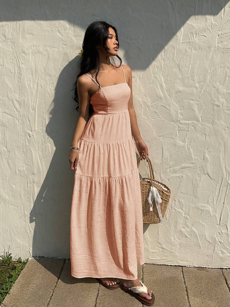 Sunnyshic Vestido suelto y fluido con camisola de cordón plisado de tela texturizada de melocotón, estilo favorecedor y de vacaciones, sin mangas - Naranja - Ver 1