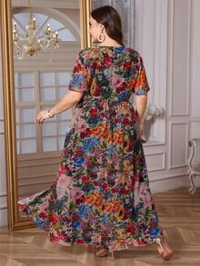 Reflora Damen Große Größen Blumenmuster V-Ausschnitt Rüschen Kurzarm Weites Bein Jumpsuit, Schwarz, Sommer, Elegant, Formal, Abend, Hochzeitsgast Bohemian Strand Outfits - Verschiedenfarbig - Übersicht 3