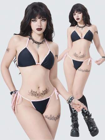 26SS Goth Punk Y2K Babe, Women's 2-Piece Swimwear Set, Street Chic Rivet Decor, Contrast Trim Splice, Bow Tie Strap Accent, Black, Light Pink, Triangle Cup Bikini Set, Elegant Romantic Sexy Babe, Suitable For Beach, Island Vacation, Holiday, Party, Daily Wear