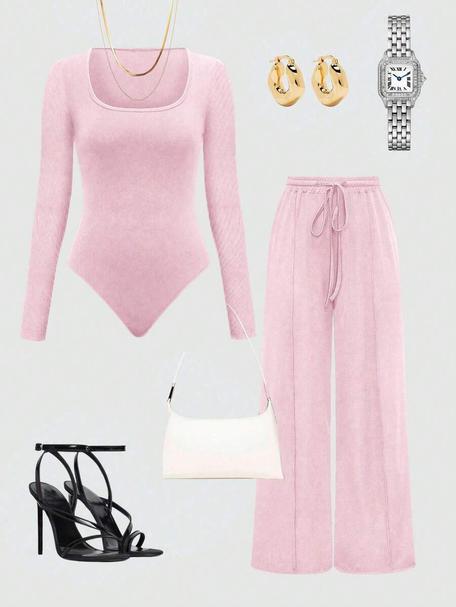 SHEIN LUNE 2pcs/Set Solid Color Square Neck Fitted Long Sleeve Jumpsuit - Pink - View 1