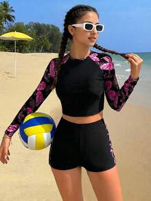 SHEIN 少女插肩袖热带植物印花上衣和短裤泳衣套装 - 玫紅色 - 查看 4