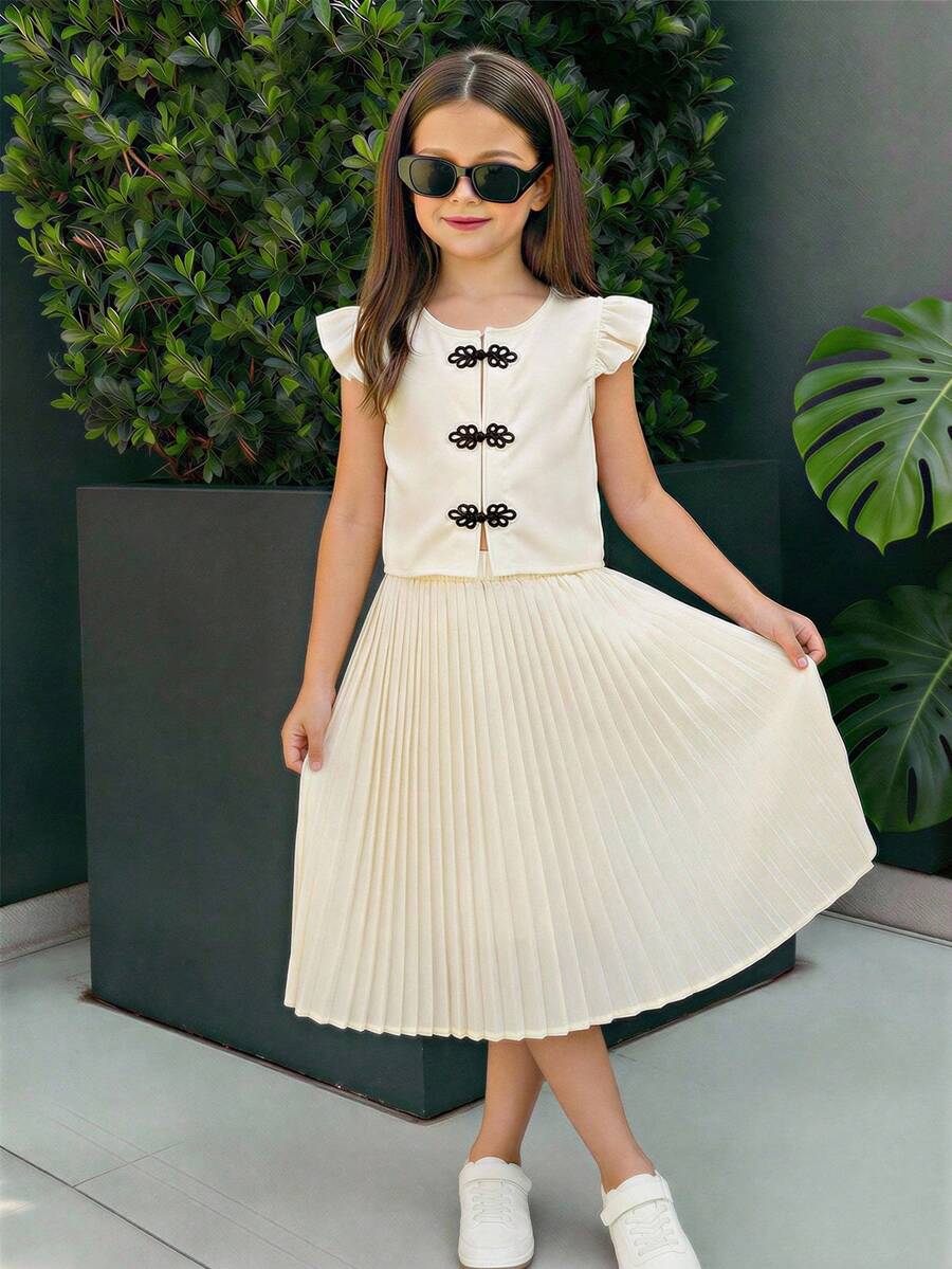 SHEIN Tween Girls Elegant Black And White Summer Tea Party Set,Retro Button Ruffle Sleeveless Tank Top & Solid Color Pleated A-Line Skirt 2-Piece Set - Apricot - View 1