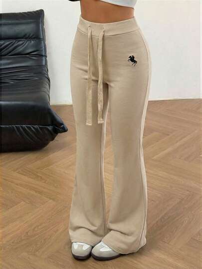 SHEIN EZwear Kadın Örme İşlemeli Geniş Paçalı Pantolon, Kayısı Rengi, Yazlık