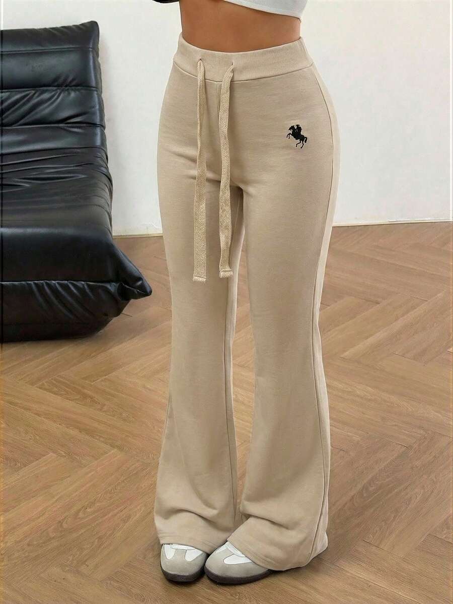 SHEIN EZwear Quần ống loe dệt kim thêu dành cho nữ, màu mơ, mùa hè. - Màu be - Xem 1