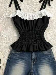 SHEIN 女士拼接彩色刺绣荷叶边设计时尚百搭休闲上衣 - 黑色 - 查看 3