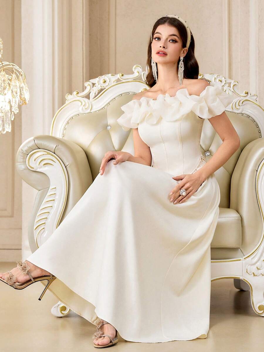 Modelyn Women's Elegant Off Shoulder Ruffle Trim Fitted Top And Skirt 2-Piece Set, Party/Banquet - Apricot - View 1