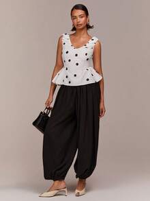 COSMINA Polka Dot V-Neck Puff Sleeve Ruffle Hem Casual Elegant Commuter Minimalist Y2K Waist Cinched Top - Black and White - View 3