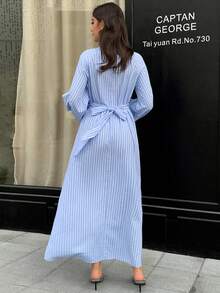 Solavon 女士条纹印花系带休闲长袖连衣裙 - 藍色 - 查看 2