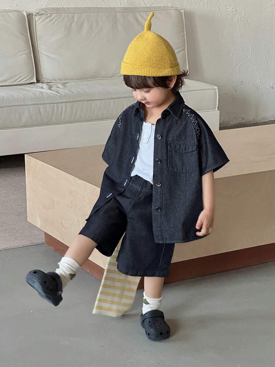 DAZY Young Boy Summer Casual Fashion Street Daily Commute Flap Pocket Shirt And Loose Denim Shorts Set - Black - View 1