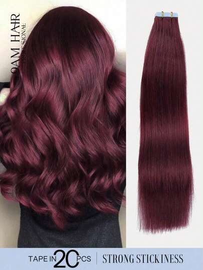 50g 20pcs Tape In 100% Human Hair Extension For Salon Quality, 99J Burgundy Red Color , Silky Seamless Invisible Tape In Straight Human Hair Extensions With Longlasting Hair And Thick Ends Halloween Costumes