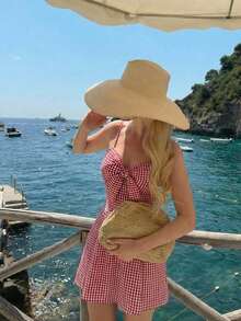 SHEIN MOD 红白格子扭结肩带连体衣