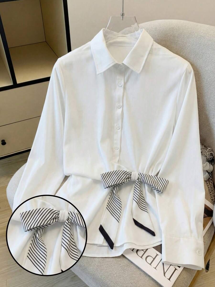 Resyla Women's Waist Cinched Shirt With Scarf Collar - White - View 1