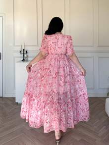 Vibekara Spring, Summer, Elegant, Vacation French Retro Textured Chiffon Floral Print Puff Sleeve V-Neck Waist Cinched Slim Fit Princess Dress, Spring/Summer Women Outfit - Multicolor - View 2