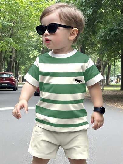 2-pack Pony Icon, Streaks Print Casual Rundringad Kortärmad T-shirt Och Shorts Set, Lämplig För Sommaren