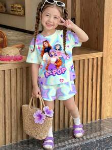 SHEIN 2pcs Tie-Dye, K-POP Cartoon Girl Portrait Casual Comfortable Round Neck Short Sleeve T-Shirt And Shorts Set, Suitable For Spring/Summer Daily Wear, Home, Sports