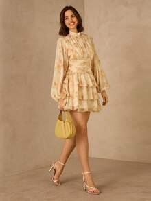 Enchnt Women's Floral Print Ruched Ruched Hem Elegant Cinched Waist Party Cocktail Mini Dress With Stand Collar And Lantern Sleeves - Beige - View 4