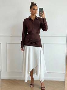 Lumalex Vestido de mujer de manga larga con cuello y bloque de color elegante - Marrón - Ver 14