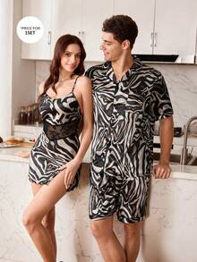 CoupledUp Zebra Print Faux Silk Short Sleeve Shorts Men Pajama Set - Multicolor - View 8