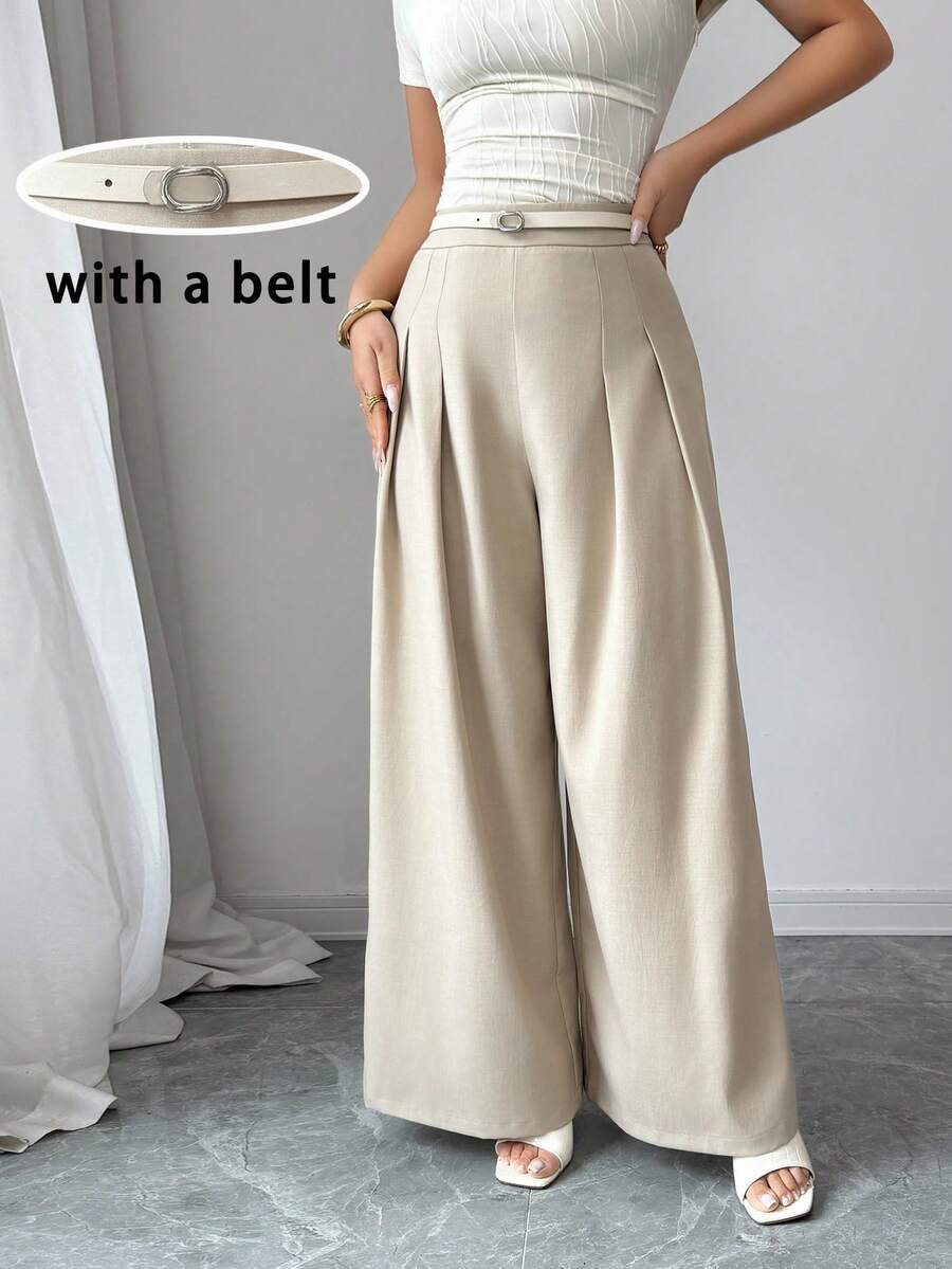 Modelyn 女士休闲百搭通勤纯色褶裥阔腿裤高腰裤优雅女士阔腿裤宽松裤米色带腰带女裤 - 卡其色 - 查看 1