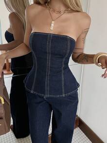 Livesso Women's Casual Loose Denim Tube Top And Wide Leg Pants Set, Vacation Style, Spring/Summer - Blue - View 1