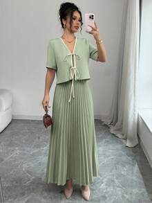 Modelyn 女士优雅撞色编织系带露脐上衣两件套 - 青碧色 - 查看 5