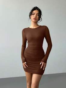 Aloruh Women's Solid Color Round Neck Long Sleeve Burgundy Mesh Mini Bodycon Dress, Autumn/Winter - Brown - View 5