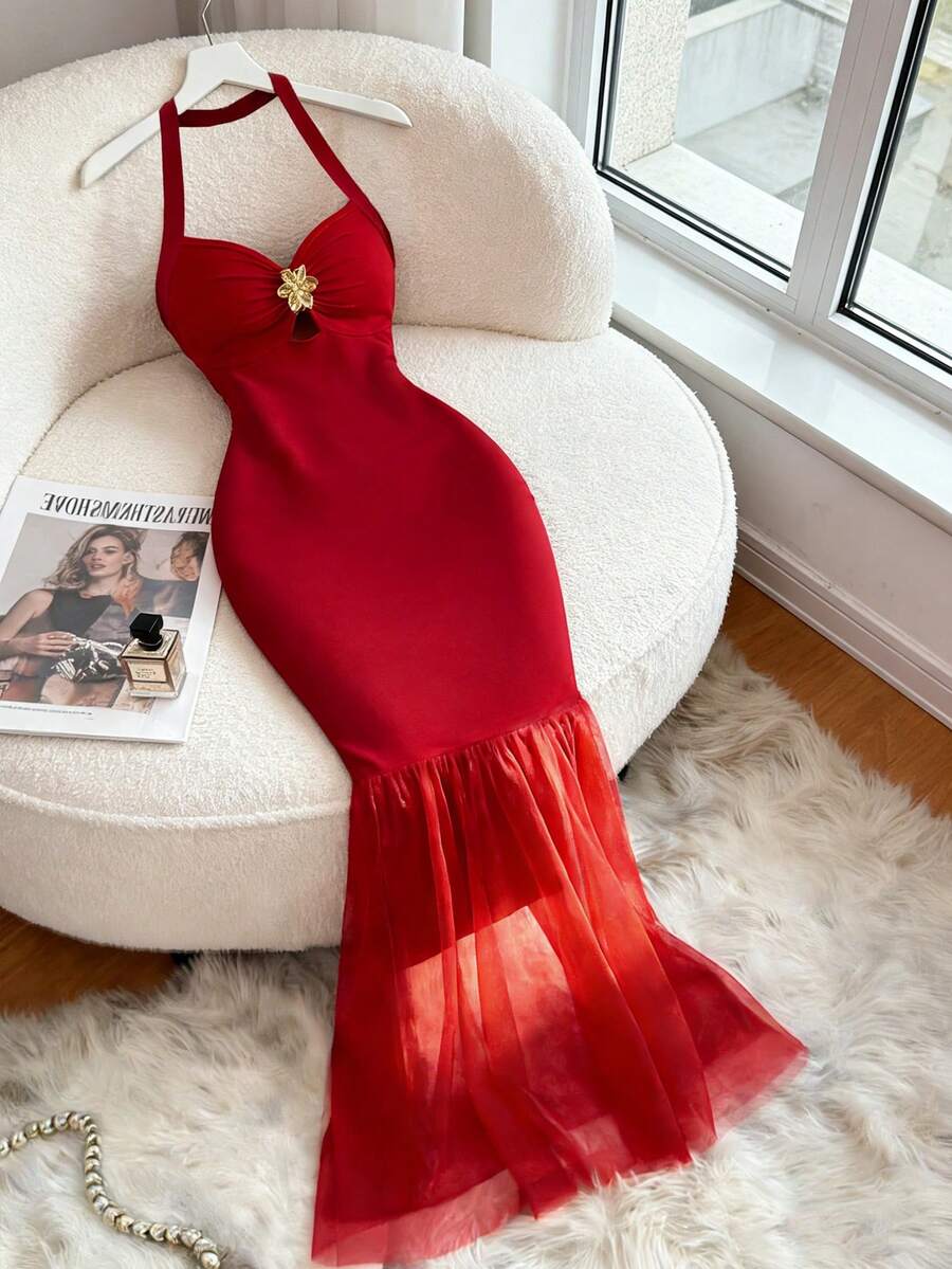 Elenzga Đầm không tay dáng đuôi cá, dây mảnh, hở lưng, kiểu dáng thanh lịch, gợi cảm, thoải mái, phối lưới nhiều lớp dành cho nữ, thích hợp cho mùa xuân/hè. - Đỏ - Xem 1