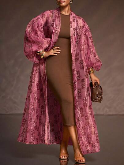 Veslaya Fall/Winter New Arrival Women's Clothes, Music Festival Halloween Costumes, Western Wear, Nomadic Style Birthday Dresses, Everyday Casual Basics, Vacation, Cruise Travel, Beach, Sunbathing, Viral Hits, Streetwear, Punk, Club Outfits, Brown Abstract Print, Organza Print Sheer Puff Sleeve High Neck Ruched Midi Dress, Club Outfits, Sexy Plus Open Cardigan Jacket