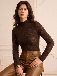 Lilora Blusa de manga larga con cuello mao y estampado botánico, ajustada, elegante y sexy, estilo "old money" de los años 2000, con influencia china, ideal para San Valentín, invitada de boda, vintage, fiesta, primavera y vacaciones de verano - Marrón - Ver 6