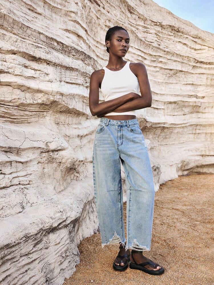 SHEIN Maija Plus-Size Blue High-Waisted Curved Jeans With A Comfortable Elastic Waistband For A Casual Street Style. Banana Pants