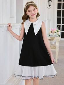 SHEIN Vestido sin mangas con cuello elegante y de moda para niña preadolescente - Blanco y Negro - Ver 7