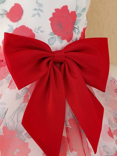 Glamorique Kids Baby Girl Floral Print Bow Decor Sleeveless Round Neck Dress