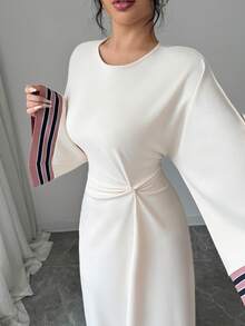SHEIN Elenzya 女士优雅条纹撞色喇叭袖修身圆领连衣裙 - 杏色 - 查看 4