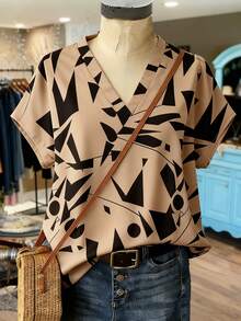 SHEIN LUNE CURVE 大码女式休闲度假V领蝙蝠袖印花衬衫，夏季 - 彩色 - 查看 3