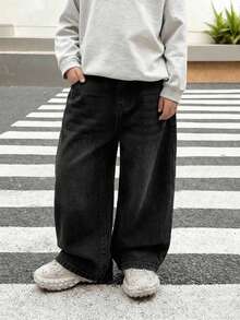 SHEIN Quần jean đen dáng rộng thoải mái cho bé trai, có túi xéo. - màu đen - Xem 4