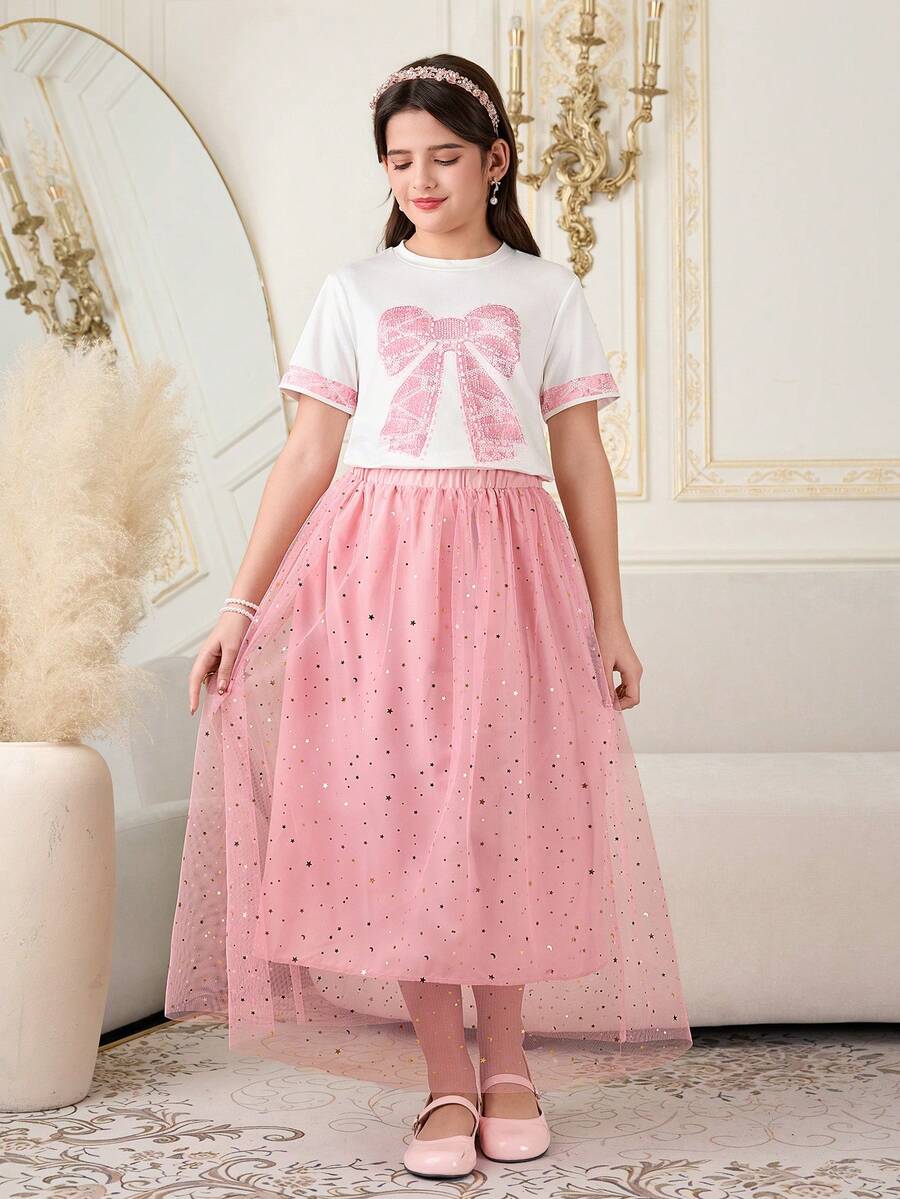 两件套少女休闲珠宝装饰圆领短袖T恤搭配优雅薄纱亮片半裙，春夏皆宜，适合度假、旅行。 - 彩色 - 查看 1