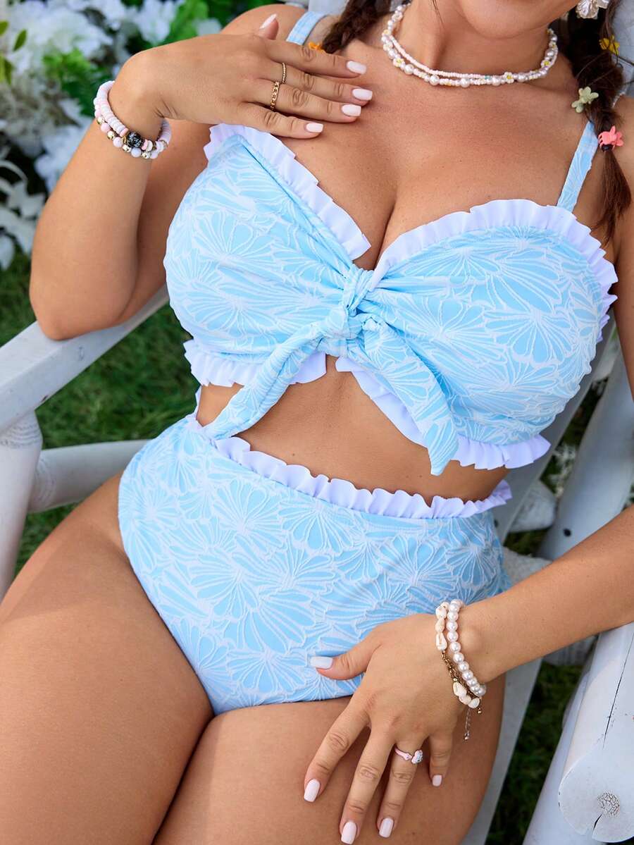 Swim Mod Plus Size 2pcs Floral Print Bandeau Bikini Set With Detachable Straps And High-Waisted Bottoms, Suitable For Summer Beach Vacation - Blue and White - View 1