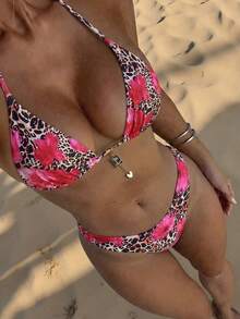 Swim Vcay New Leopard Print Halter Backless Top And Side Tie High Cut Thong 2 Piece Swimsuit Set, Women Beach Holiday Bikini - Multicolor - View 4