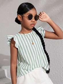 Tween Girls' Striped Cap Sleeve Casual Vacation Shirt, Spring/Summer - Green - View 2