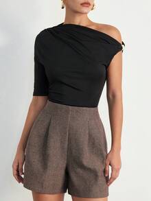 Aveloria Modichic Fashionable Design Sense Casual Loose Commuting Pleated Texture Herringbone High Waist Shorts - Multicolor - View 2