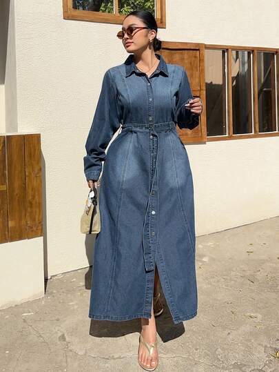 Dazy Plus Fashionable Washed Vintage Distressed Collar Open Front Cinched Waist Long A-Line Denim Dress, Spring/Autumn