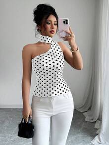 Elenzga Women's Y2K Polka Dot Print Fitted Halter Neck Camisole - White - View 8