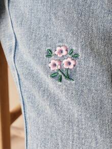 SUMWON 青少年寬腿花卉刺繡高腰牛仔長褲淺色水洗彈性腰帶寬鬆版型春夏季寬腿褲休閒度假風 - 藍色 - 查看 6