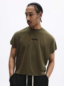 SUMWON Olive Crew Neck Short Sleeve T-Shirt With Small Text Print For Men Casual Everyday Wear - Green - View 4