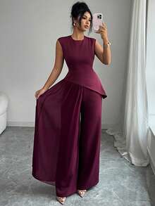 SHEIN Elenzya 女士雪纺拼接圆领不对称下摆无袖上衣搭配宽松阔腿裤两件套，优雅复古法式风格，适合通勤、商务、度假、休闲、春夏穿着。 - 紫紅色 - 查看 5