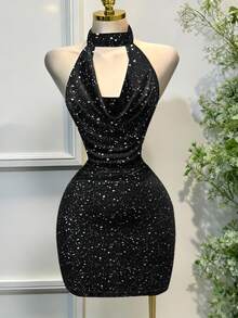 Franclia Fashionable Sexy Halter Backless Tie-Waist Bodycon Mini Dress For Women - Black - View 4