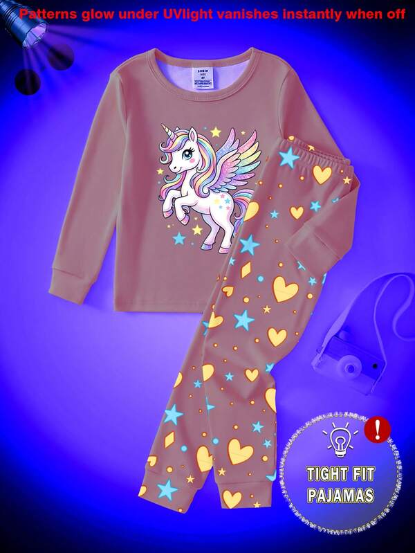 1 Set Mädchen Leuchtende Einhorn Muster Strick Langarm Top und Herz Stern Muster Leggings Pyjama Set, Weich & Bequem, Herbst