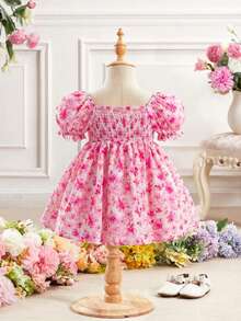 SHEIN 女宝宝可爱甜美碎花印花优雅夏日连衣裙 - 玫紅色 - 查看 4