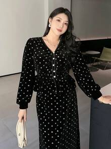 Dazy Plus 大码女装两件套：V领纹理短款外套和修身长裙，优雅时尚，适合春秋季穿着 - 黑色 - 查看 7