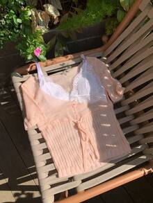 DAZY Women's Casual Knotted Crew Neck Fitted Short Sleeve Knit Top, Summer - Pink - View 3